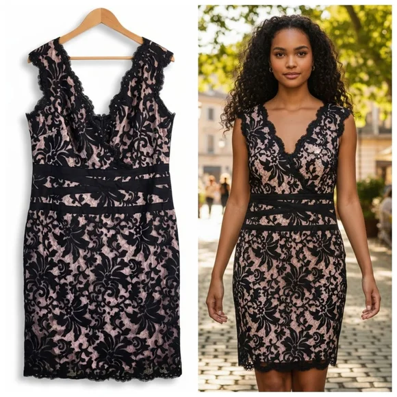 Tadashi Shoji Black Lace Overlay Cocktail Dress 16 Elegant Romantic Sheath - Picture 1 of 14